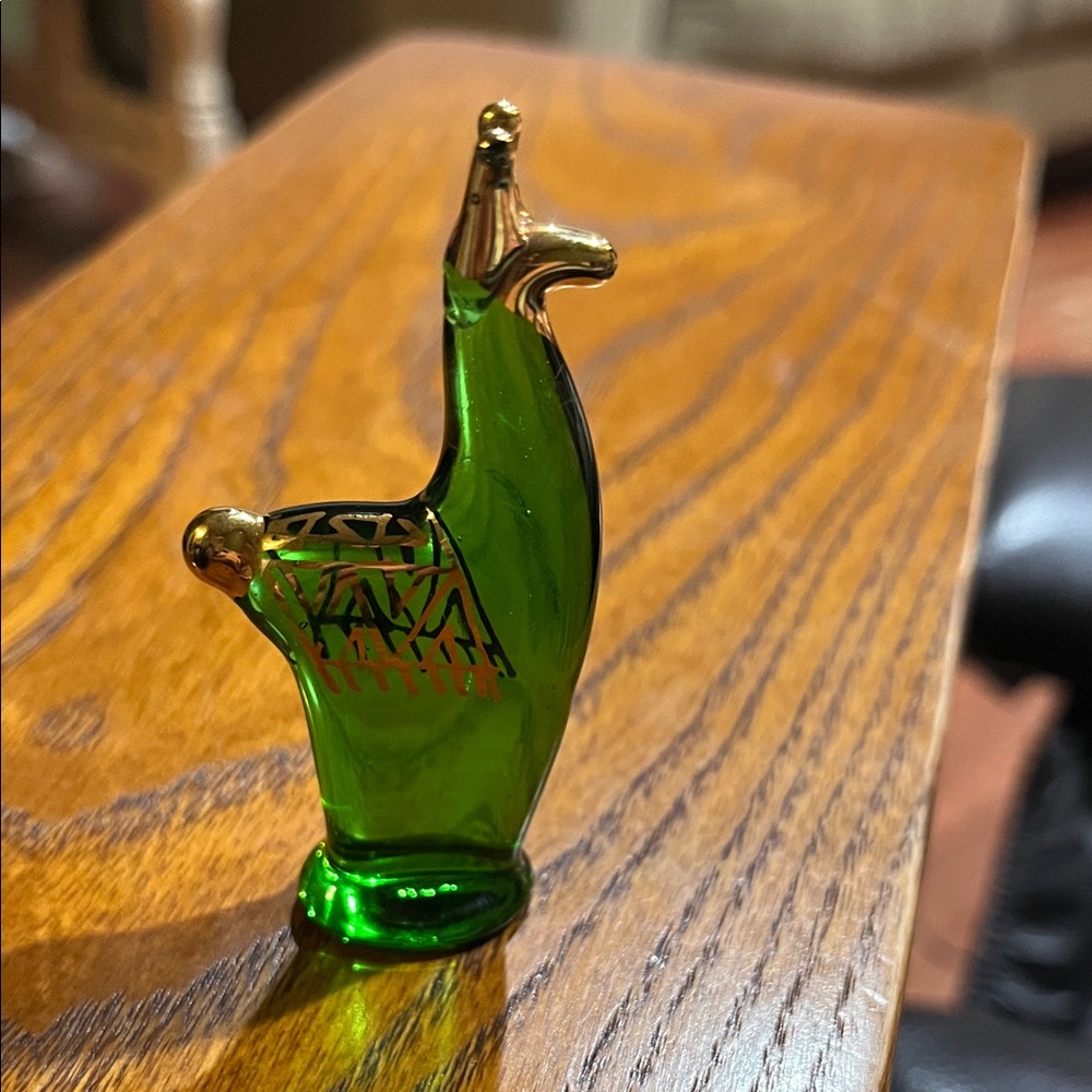 Vintage Peruvian Green Glass Llama Figurine with Gold Trim